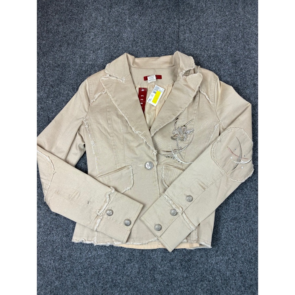Ceres Tan Cotton Distressed Blazer Embroidered Frayed Raw Edge Jacket Small NWT